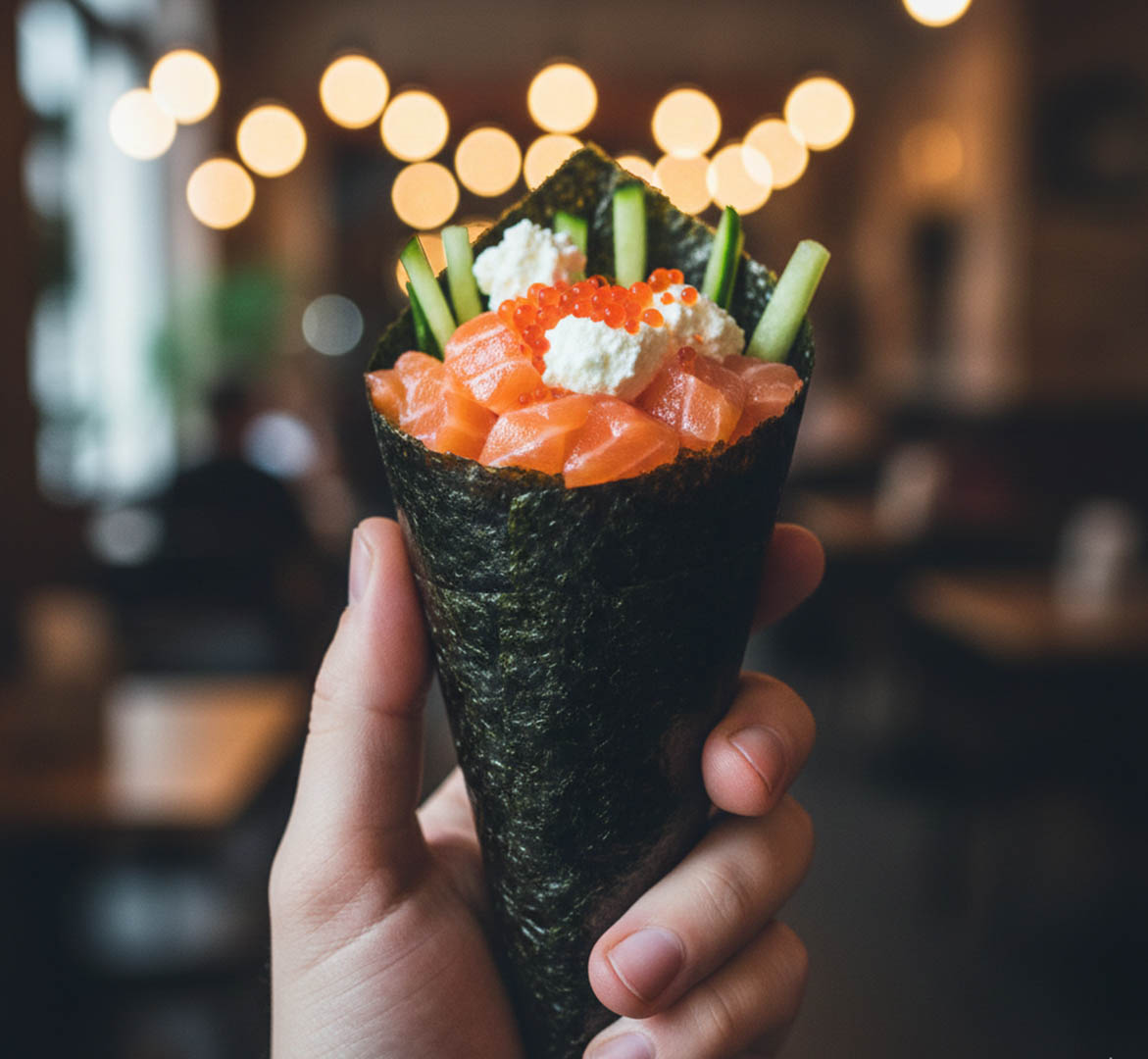 Temaki artesanal de salmão